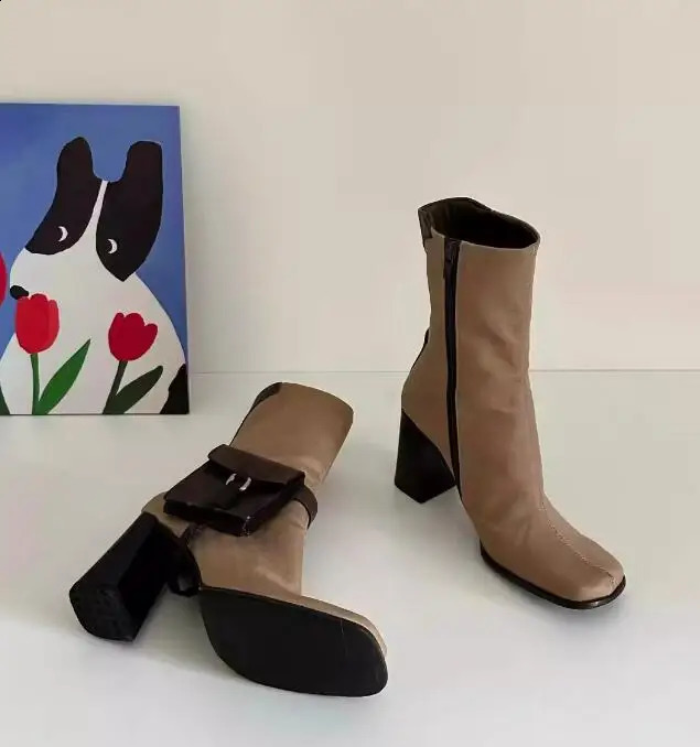 Brown square toe side irregular pocket ankle boots zipper side thick womens high heels with short boots 240926