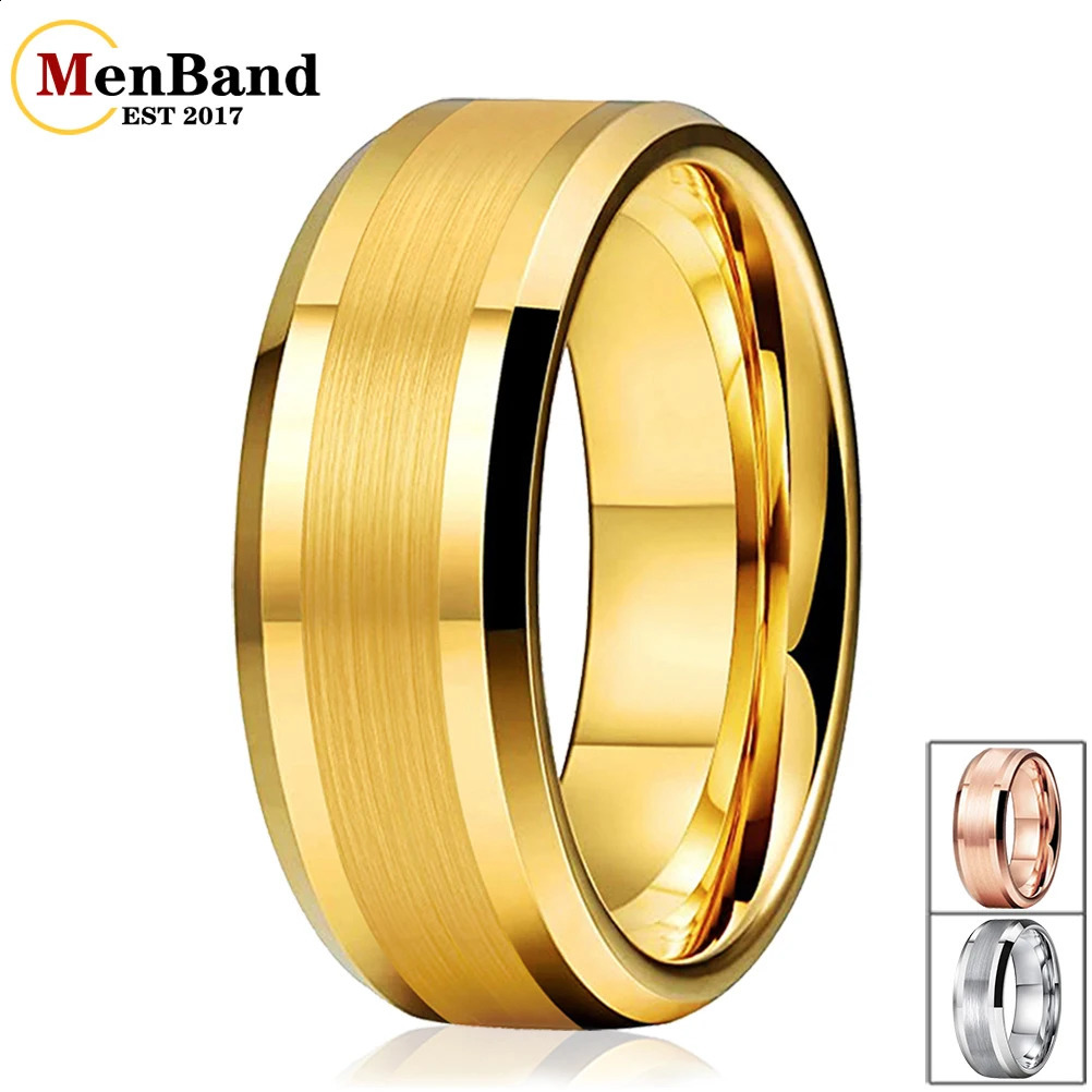 MenBand Gold 6MM 8MM with brushed finish and polished edges mens tungsten carbide wedding ring comfortable fit 240925