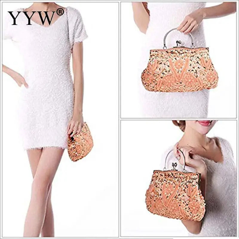 Crystal Beaded Evening Party Clutch Handbag Women Floral Printing Soft Tote Bags Metal Top Handle Wedding Brides Messenger Purse 240926