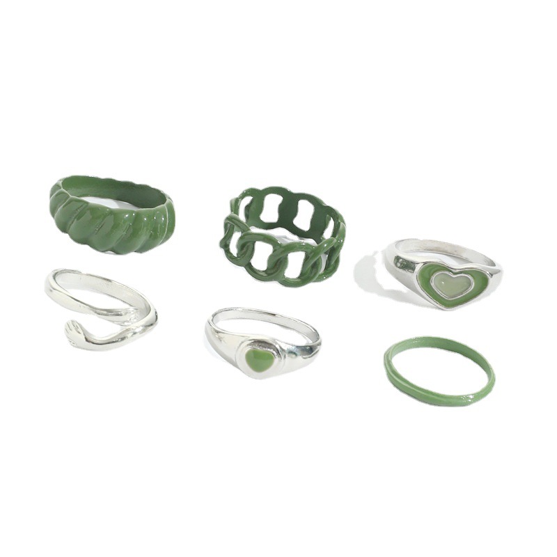 Green Vintage Spray-Painted Rings with Oil Drips and Hearts - Complete Set of Six