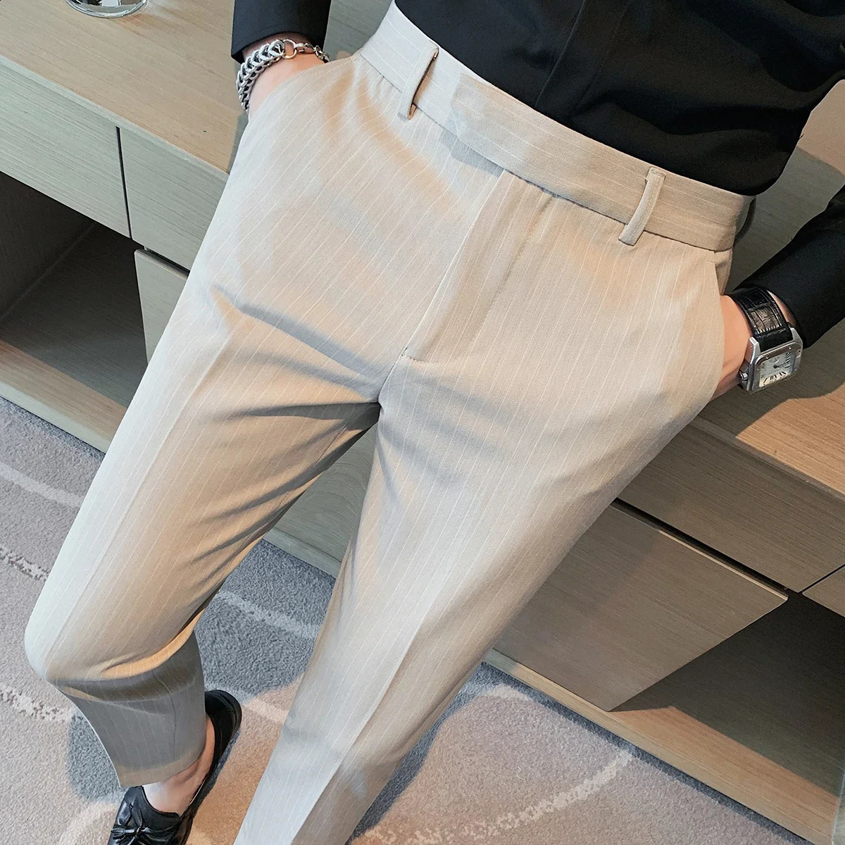 2024 Men Formal Trousers Fashion Male Dress Pants Stripe Slim Fit Business Casual Suit Pant Plus Size 38 Clothing L47 240919