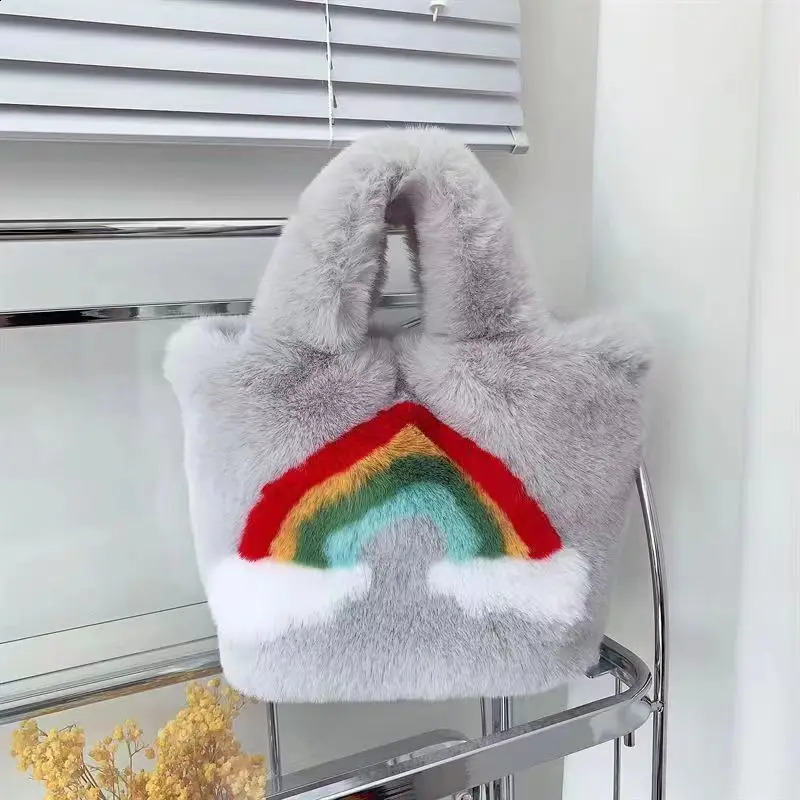 Cute Rainbow Plush Bag for Winter Womens Fashion Fluffy Bag Large Capacity Chain Cross Barrel Shoulder Fur Soft Fluffy Bag 240923