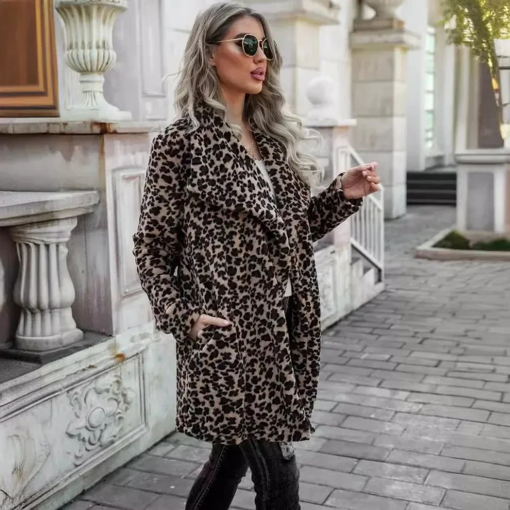 Leopard Print Wool Coat Mid Length Fashionable Casual Jacket Comfortable Long Sleeved Womens Clothing Autumn And Winter 240927Cj