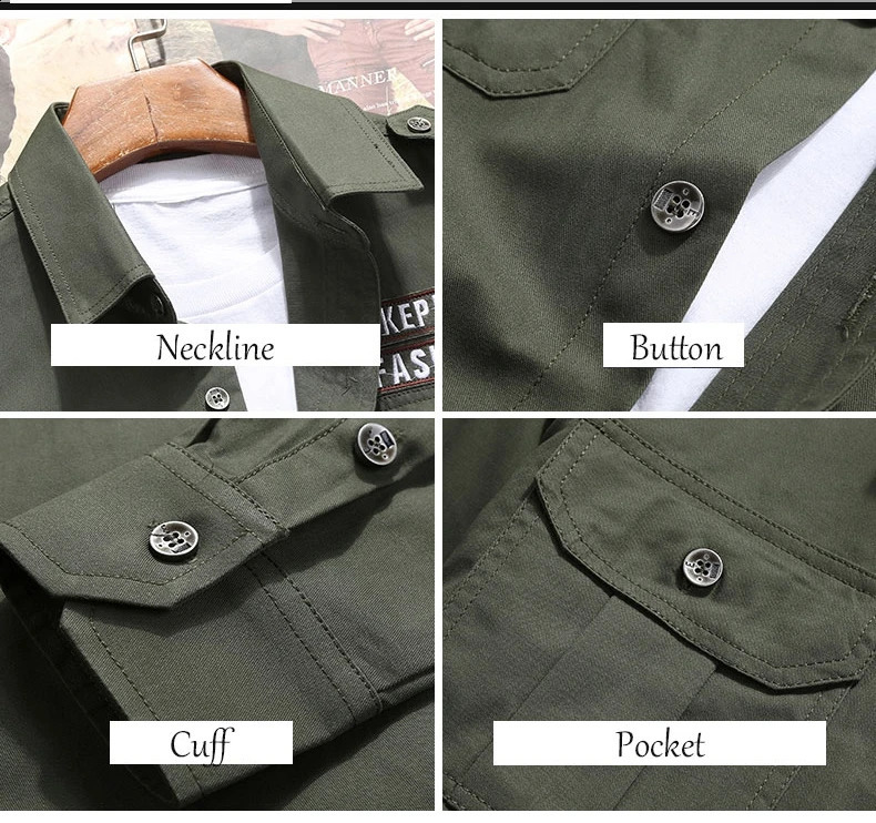 Vintage Khaki Cotton Shirt: Casual Military Slim-Fit Long-Sleeve Jacket With Pocket