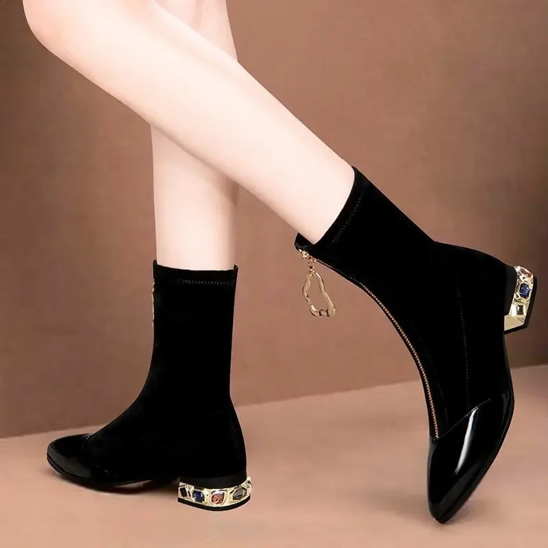 Womens shiny sequined ankle boots winter fashion point front zipper rhinestone square short boots retro motorcycle shoes 55 240926bj - view 4