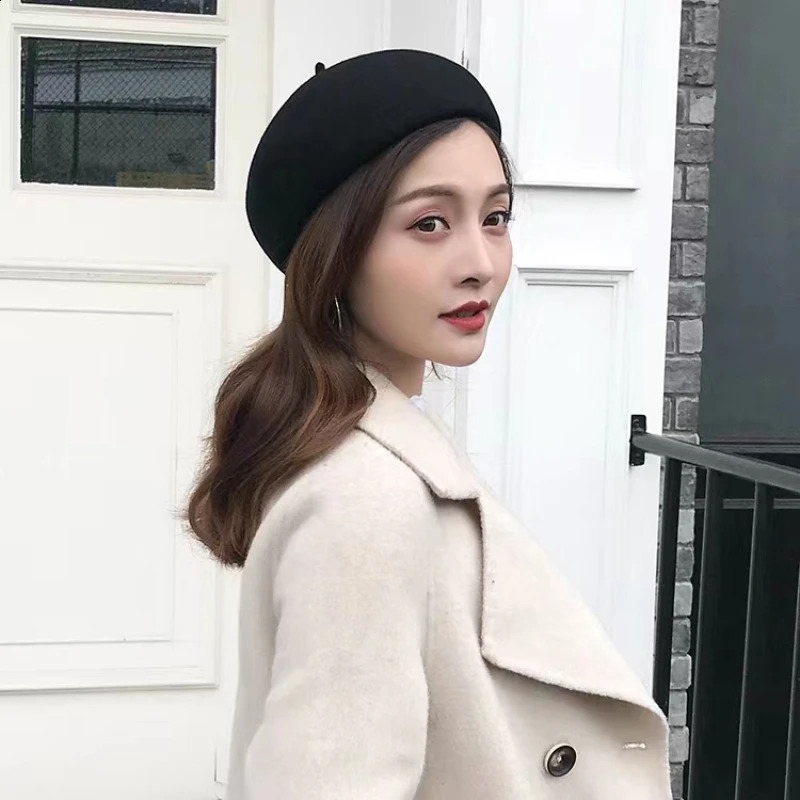 Painter 100% Wool Felt Winter Beret Solid Warm Womens Beanies Classic French Fedoras Brushless Hat Womens Gift Wholesale 240925