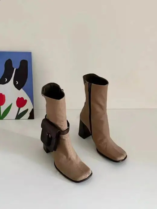 Brown square toe side irregular pocket ankle boots zipper side thick womens high heels with short boots 240926