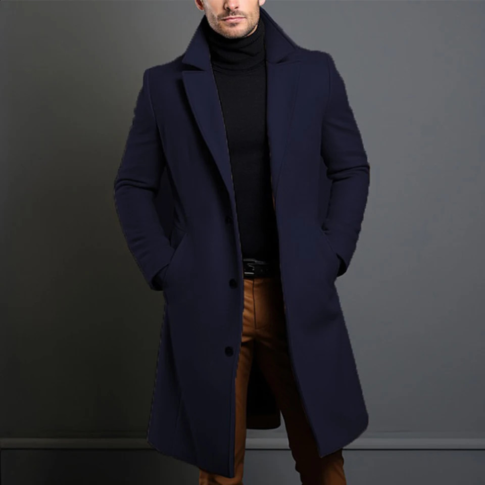 Atutumn Winter Long Warm Wool Trench Coat For Men Solid Color Single Breasted Wool Blends-Overcoat Tops Coats Clothing 240927