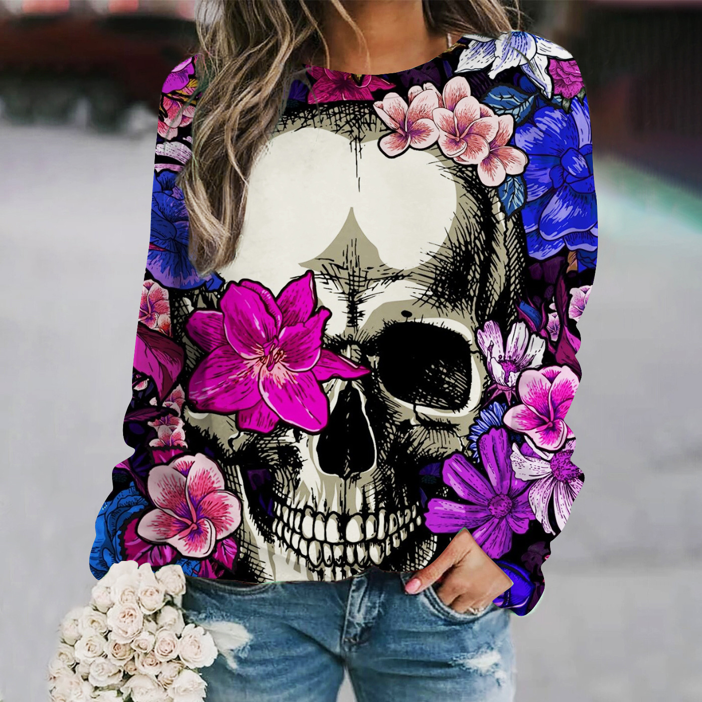 Spooky Vibes: 2024 3D Printed Halloween Pullover with Skull Head & Rose Sleeves dh910320090