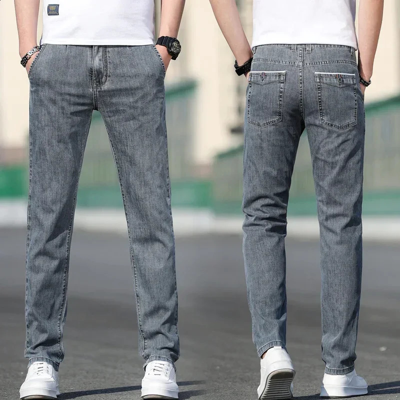 Summer Mens Loose Stretch Grey Jeans Fashion Casual Stretch Straight Leg Denim Pants Mens Light Blue 240926