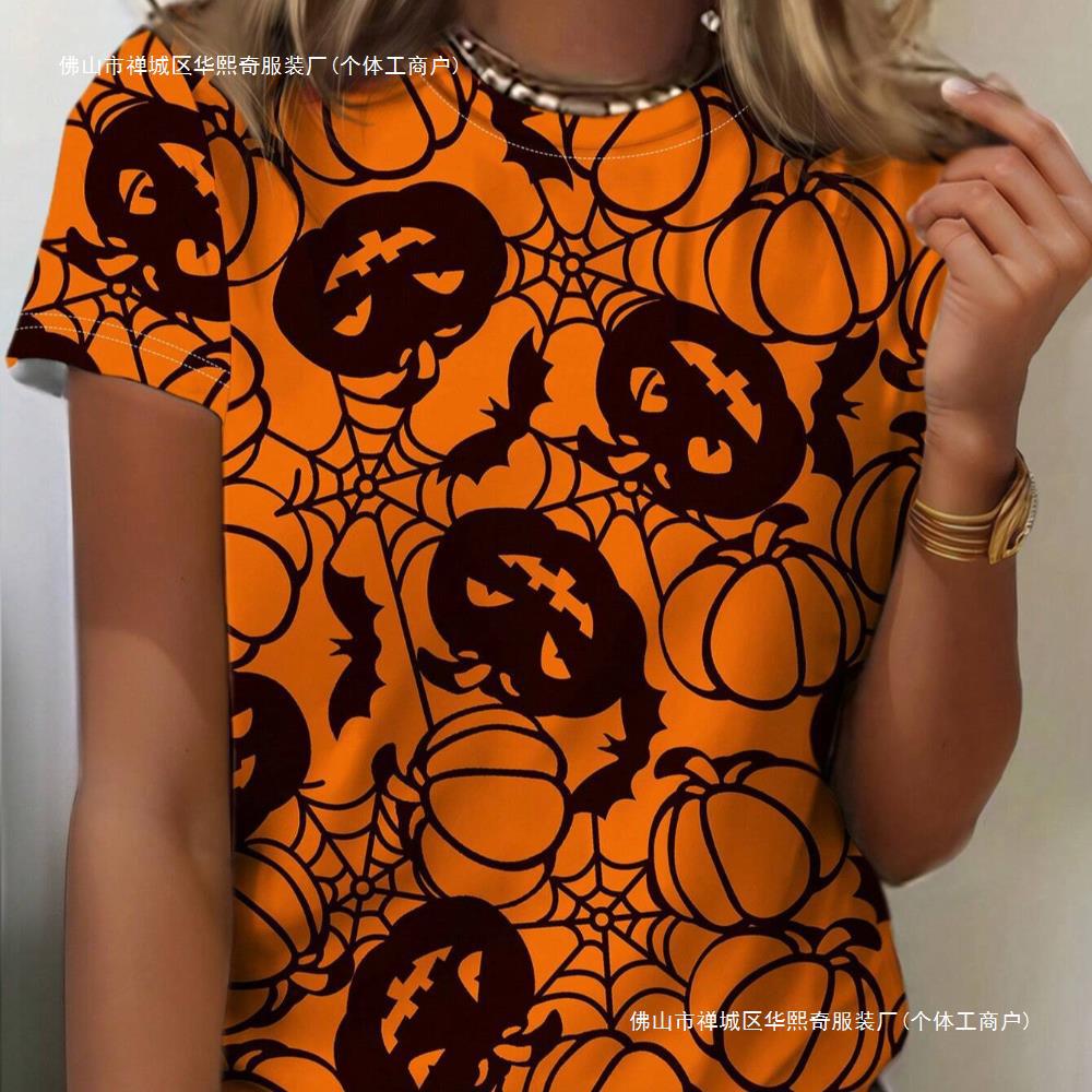 Spooky Vibes: Ladies' Summer 2024 3D Printed Short Sleeve Halloween T-Shirt dh5727163