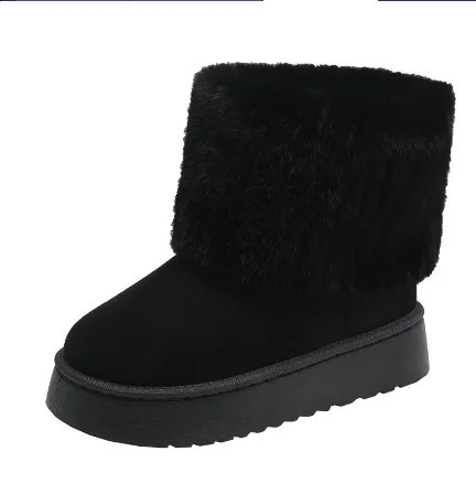 Womens Winter Womens Shoes Black Round Sole Solid Wood Plush Warm Middle Boots Waterproof Casual Snow Boots Womens 240930