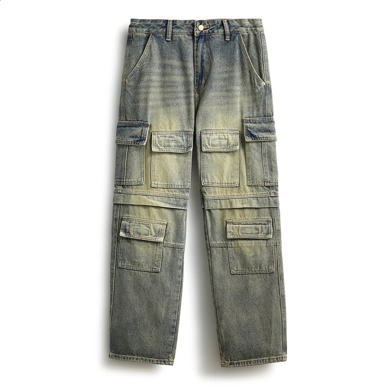 American retro trend loose straight mens jeans autumn and winter personalized workwear multi pocket mens pants 240929