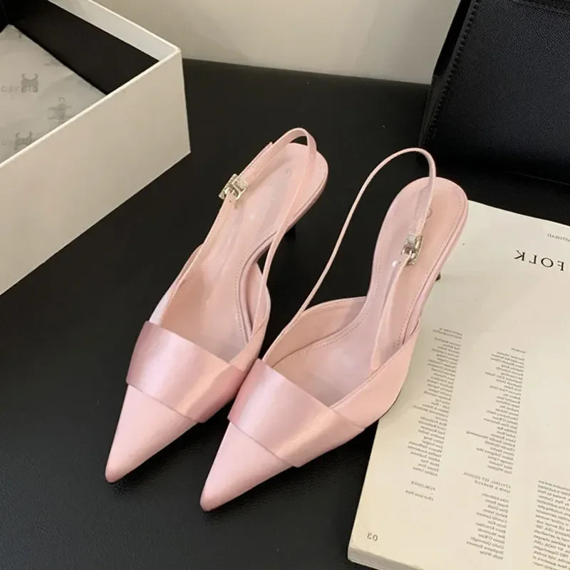 Black Pink Satin Dotted Toes Womens Pump Shallow High Heels Womens Strap Sandals Banquet Wedding Shoes 240926