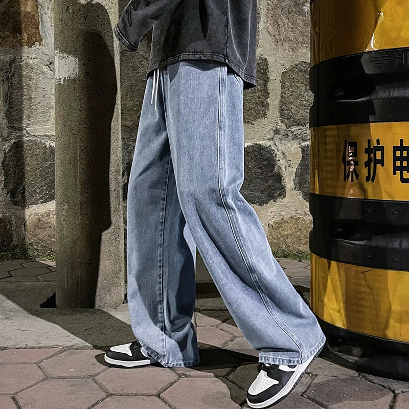 Korean fashion mens bag jeans elastic waist classic olive straight leg denim wide leg pants mens light blue gray black 240926