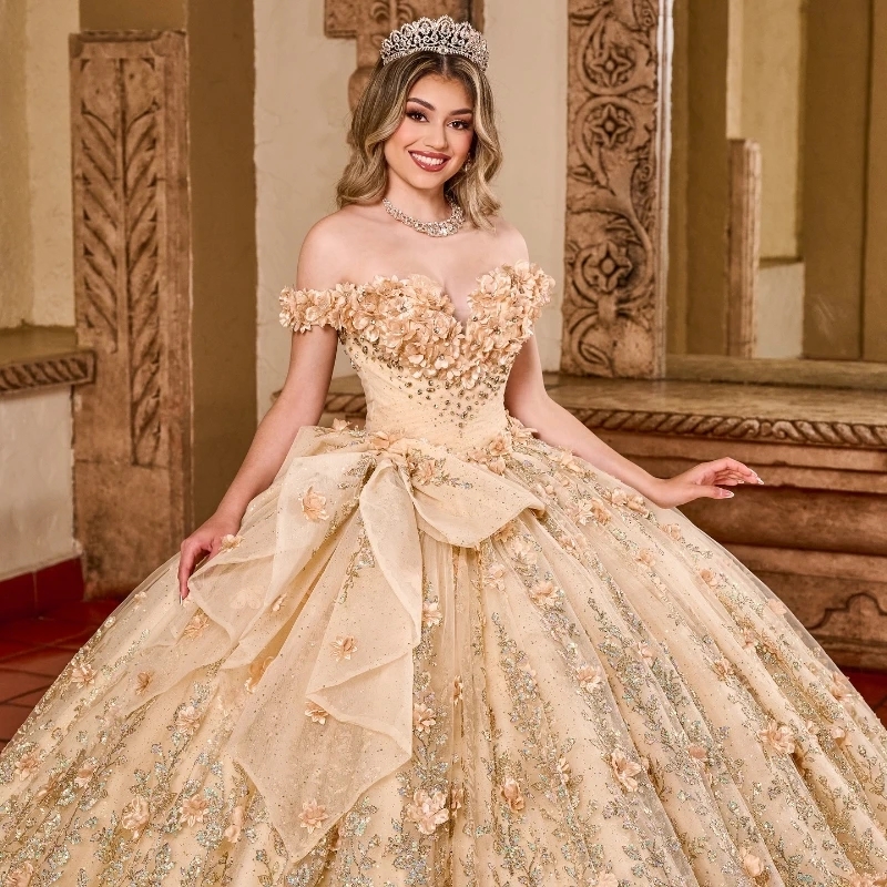 Champagne Shiny Quinceanera Dresses Ball Gown Lace Flower Beading Tulle Lace-Up Backless Party Princess Sweet 16 Dress Vestidos De 15 Anos