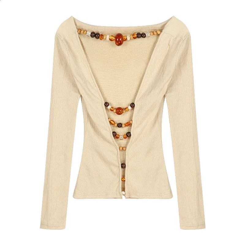 Streetwear Backless Wooden Beaded Sexy Long-sleeved T-shirt Women 2024 Autumn Off-the-shoulder Solid Color All Match Tops 240918