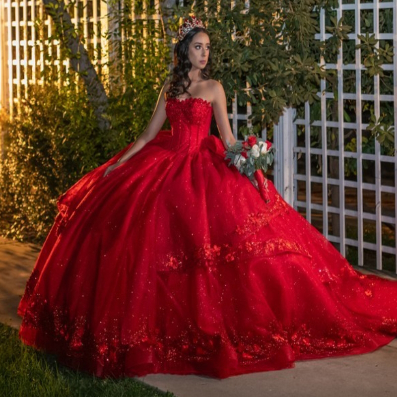 Red Shiny Quinceanera Dresses Ball Gown Off The Shoulder Lace Applique Beaded Tull Tiered Corset Sweet 16 Dress Vestidos De 15 Anos