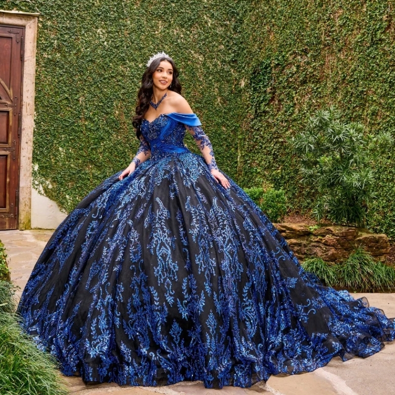 Navy Blue Sparkly Quinceanera Dresses Off Shoulder Sequin Applique Lace Corset Vestido 15 Anos quinceanera Lace-up Sweet 16 Dress