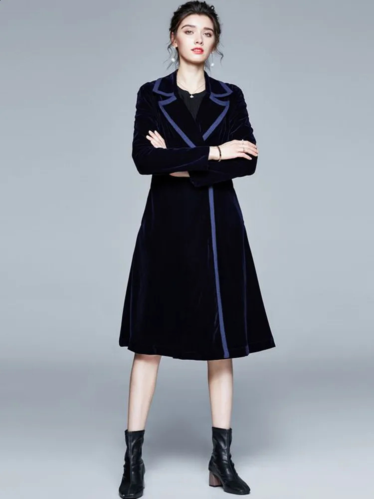 Winter Runway er Women Vintage Notched Collar Wrap Black Velvet Maxi Overcoat Thick Warm Pocket Long Trench Coat Outwear 240919
