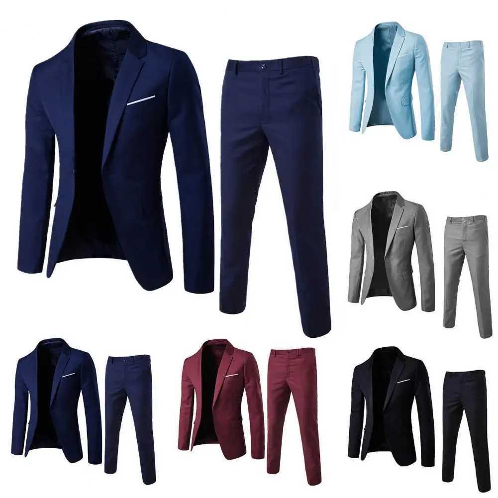 1 Set Stylish Formal Suit Temperament Men Blazer Pants Turndown Collar Pure Color One Button Suit Set Daily WearXJ250222