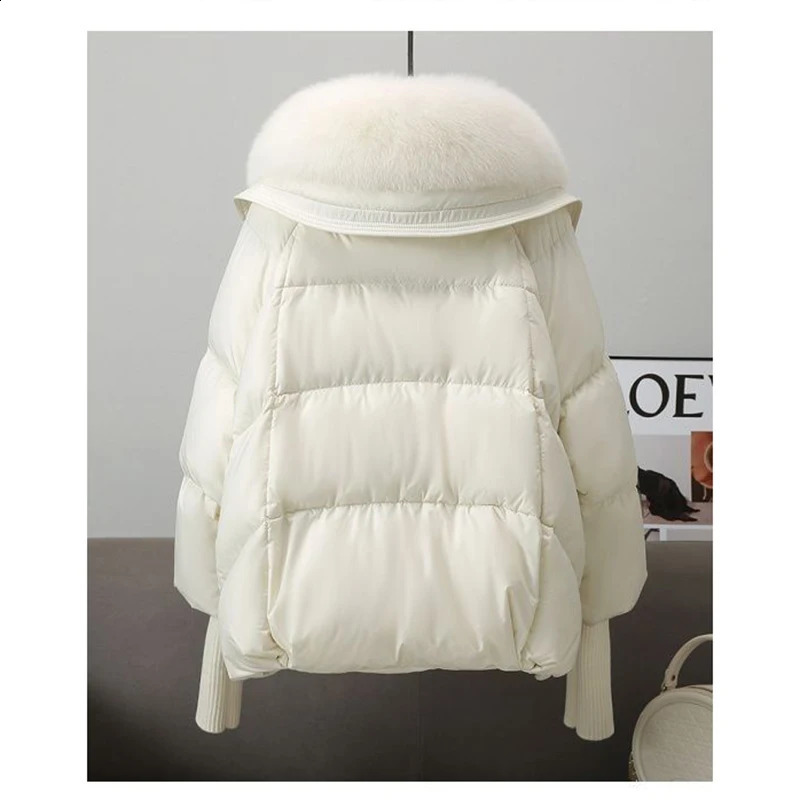 Winter Fur Collar Puffer Down Parka Loose Down Warmer Thicken Snow Jacket Pocket Zipper Faux Fur Outerwear Female 241105