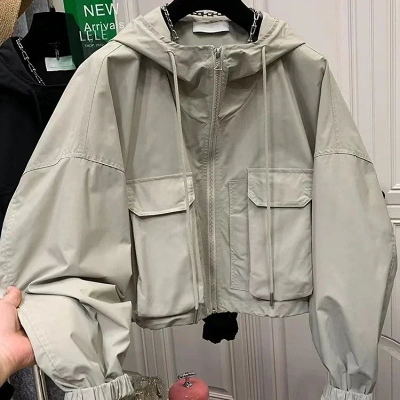 Korean Fashion Harajuku Cropped Jacket Womens Windproof Cover Zipper Coat Autumn Clothing Y2k Retro Street Clothing 240927
