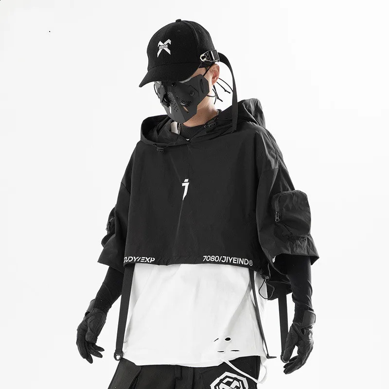 Techwear style hip-hop cropped jacket Pullover mens punk motorcycle hooded cape with multiple pockets Jaqueta 240927