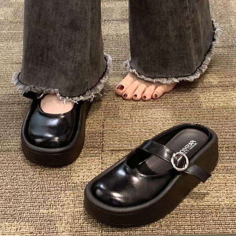 Outside Half Lazy Drag Women Thick Bottom Heightened Ugly Slippers Designer Platform Solid Buckle Casual Slides Shoes