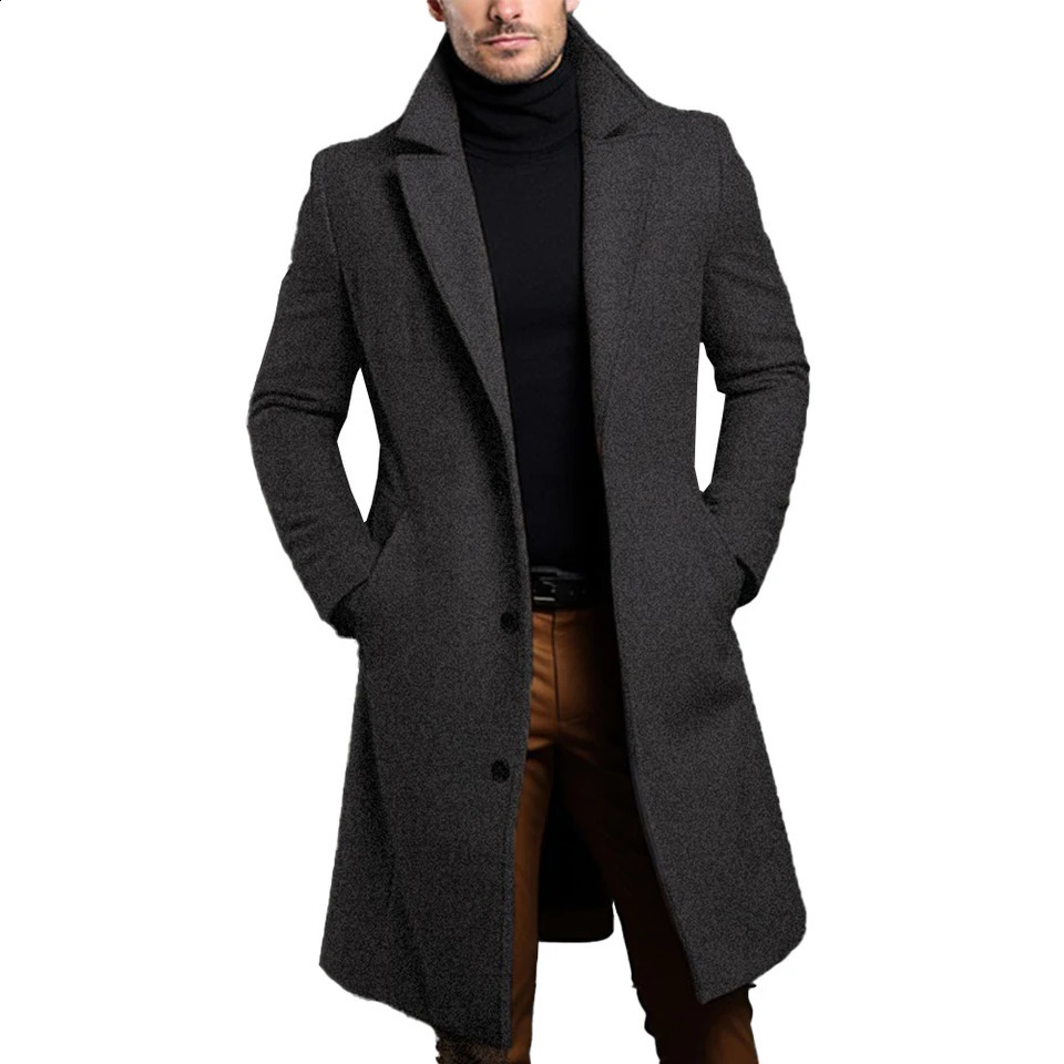Atutumn Winter Long Warm Wool Trench Coat For Men Solid Color Single Breasted Wool Blends-Overcoat Tops Coats Clothing 240927