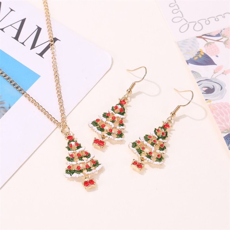 Celebrate Christmas with Our Playful Colorful Jewelry Set Featuring Oily Christmas Trees for Ears and Neck