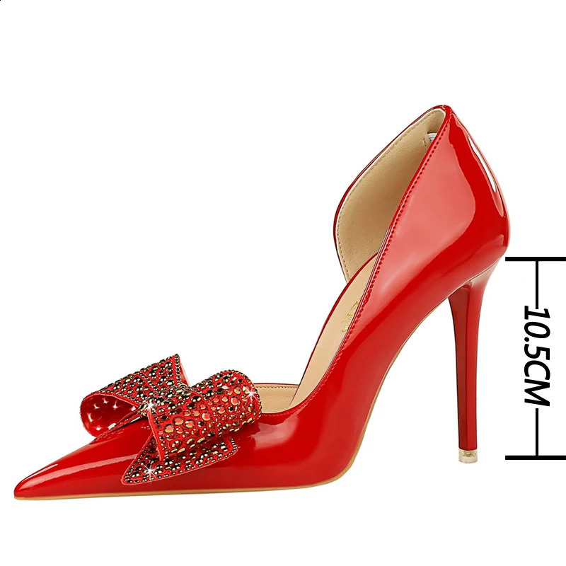 BIGTREE Pump Womens 10.5cm Heel Water Diamond Bow Womens Heel Fine High Heel Patent Leather High Heel Womens Shoes 240925