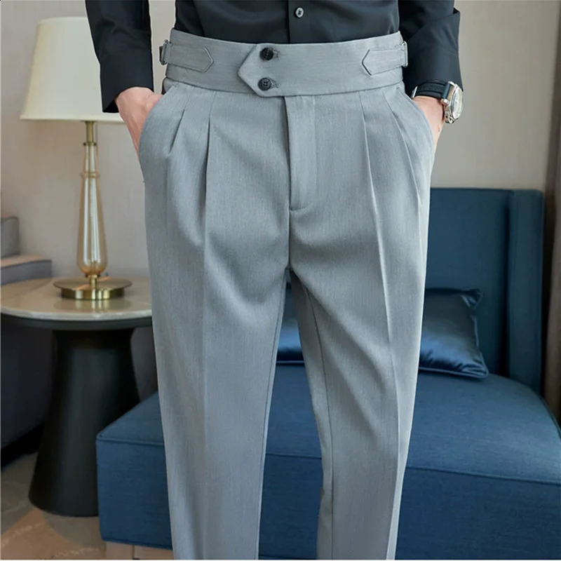 British Style Autumn Solid High Waist Trousers Men Formal Pants 2024 High Quality Slim Fit Business Casual Suit Pants Hommes 240919