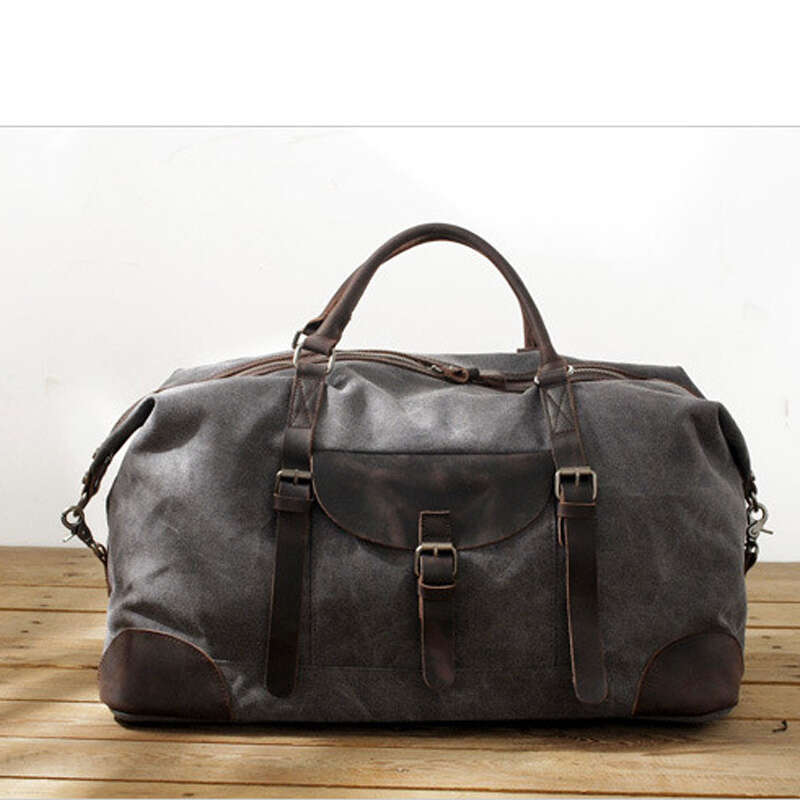 3 Vintage large capacity canvas Crossbody men's duffle Crazy Horse leather travel Outdoor shoulder tote bag 4