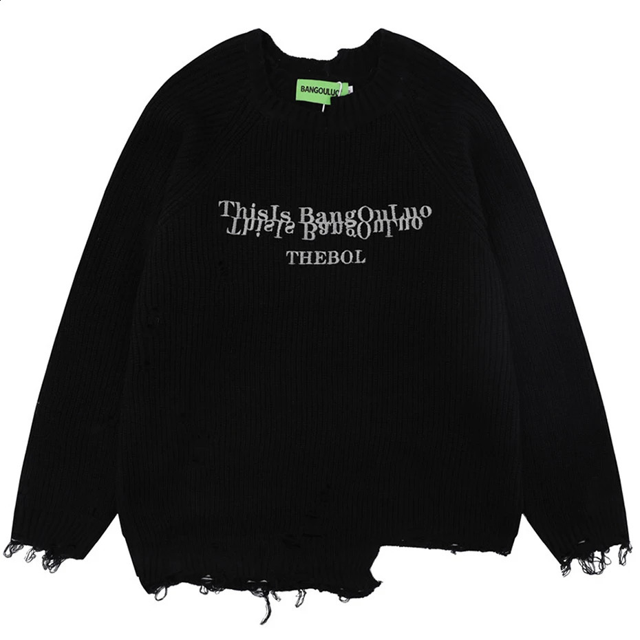 Broken Ripped Sweater Mens Black Grey Loose Knitted Jumper Y2K Pullover Hip Hop Streetwear Oversized Knitted Sweater 240924