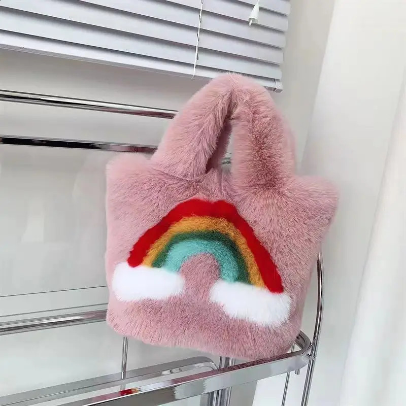 Cute Rainbow Plush Bag for Winter Womens Fashion Fluffy Bag Large Capacity Chain Cross Barrel Shoulder Fur Soft Fluffy Bag 240923