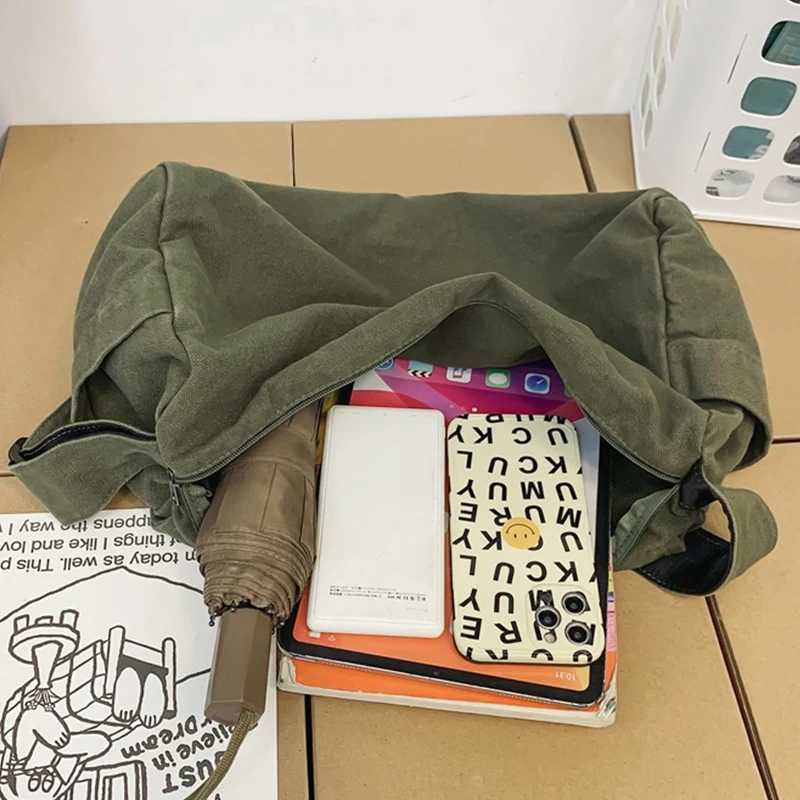 Womens large canvas bag solid color Japanese shoulder bag shopping commuting messenger bag cross body bag Z250225