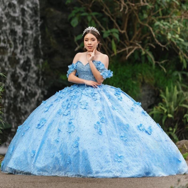 Sky Blue Gillter Princess Quinceanera Dresses Off The Shoulder Flower Beads Crystal Tull Lace-up Vestidos de 15 anos Prom Sweet 16 Dress
