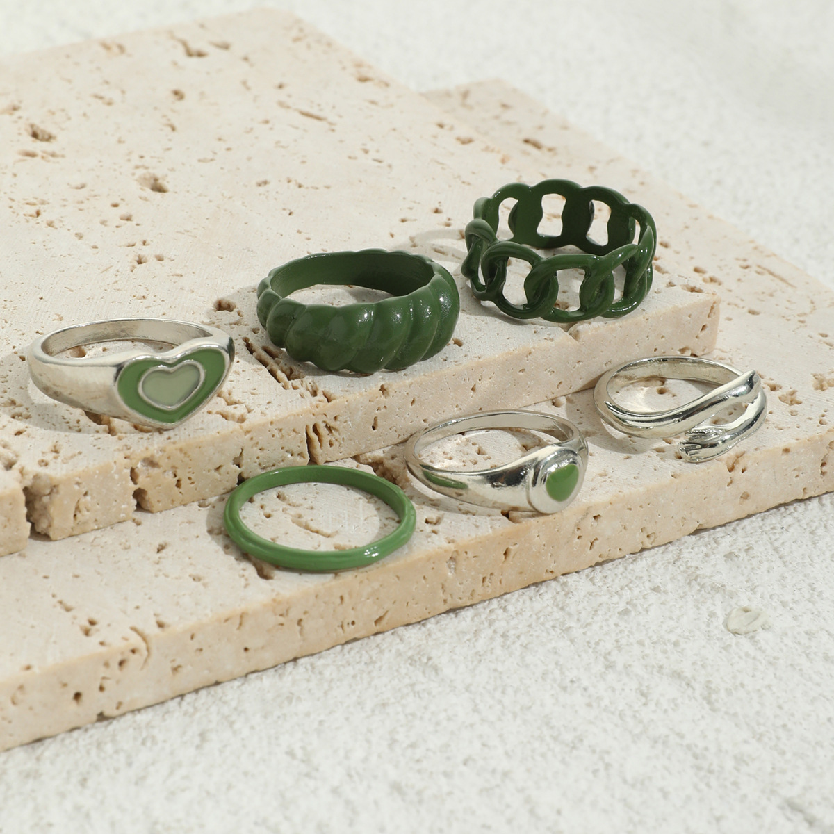 Green Vintage Spray-Painted Rings with Oil Drips and Hearts - Complete Set of Six