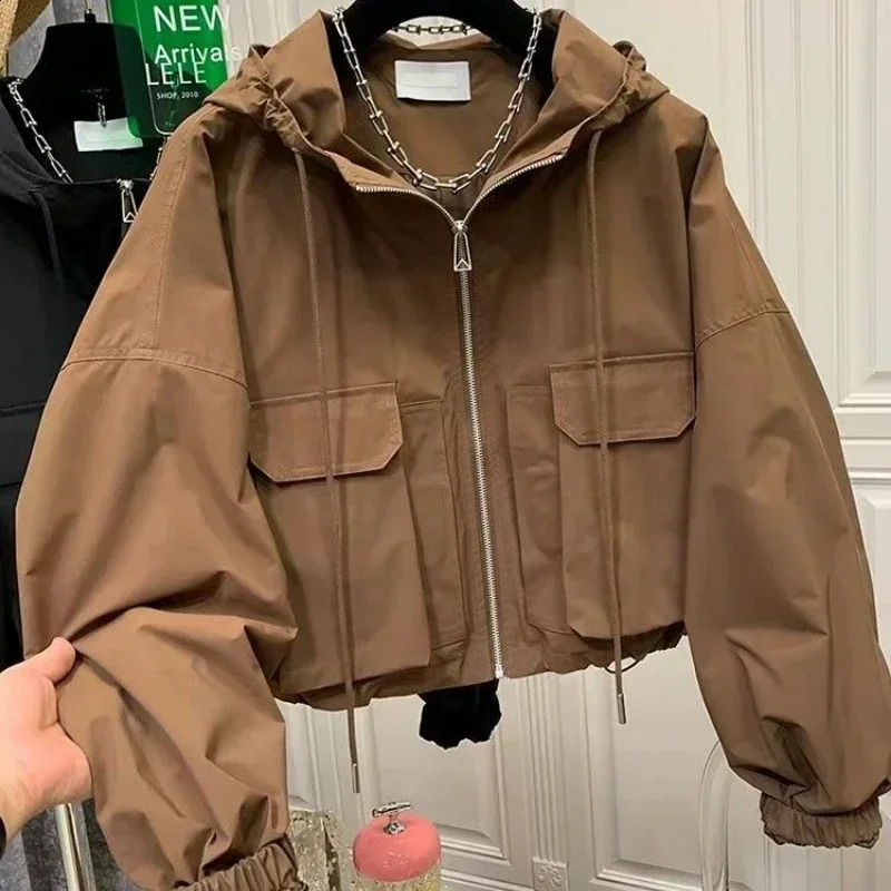 Korean Fashion Harajuku Cropped Jacket Womens Windproof Cover Zipper Coat Autumn Clothing Y2k Retro Street Clothing 240927