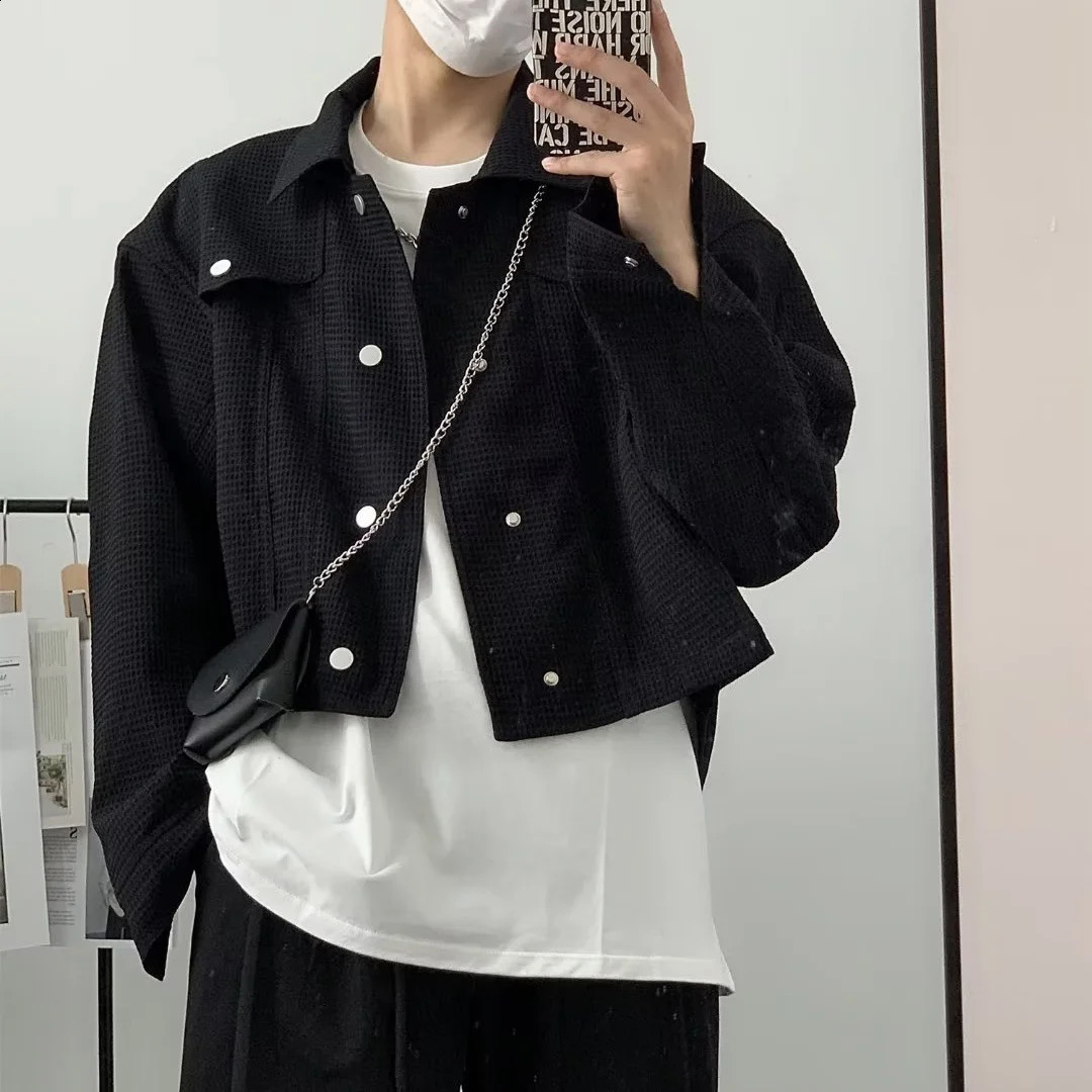 Fashionable mens casual short sleeved jacket retro lapel jacket Korean crop jacket fully matched mens long sleeved streetwear 240927CJ