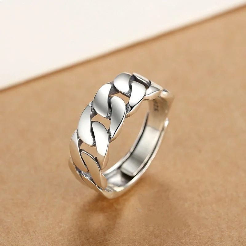 BFCLUB 925 Sterling Silver Rings For Women Men Fine Jewelry Finger Adjustable Open Vintage Chain Ring For Party Birthday Gift 240924