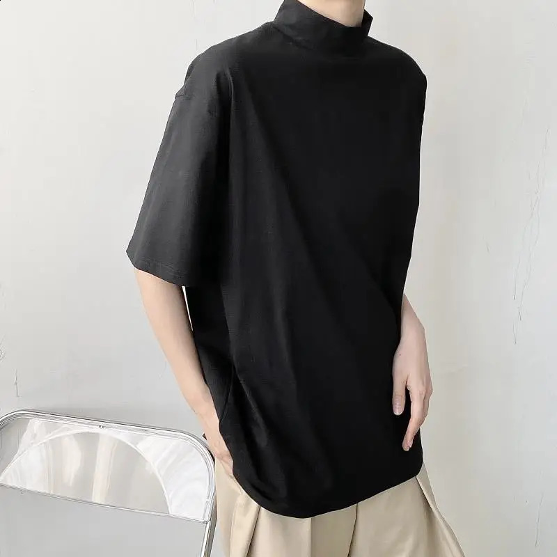 Turtleneck soft solid short sleeved mens oversized sportswear fashionable Korean Harajuku casual full matching clothing Street summer 240927