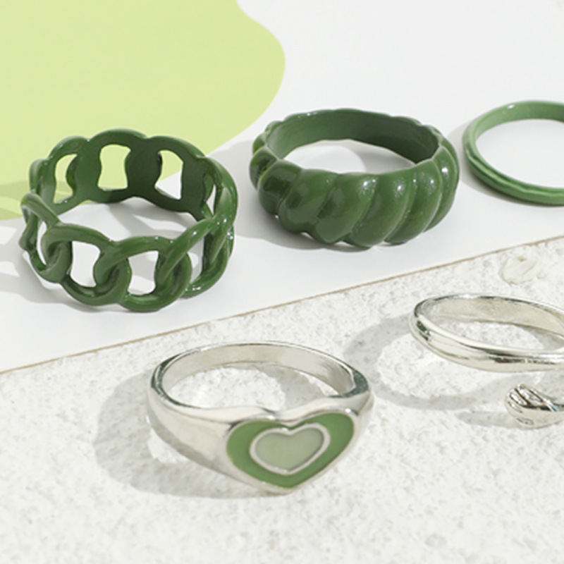 Green Vintage Spray-Painted Rings with Oil Drips and Hearts - Complete Set of Six