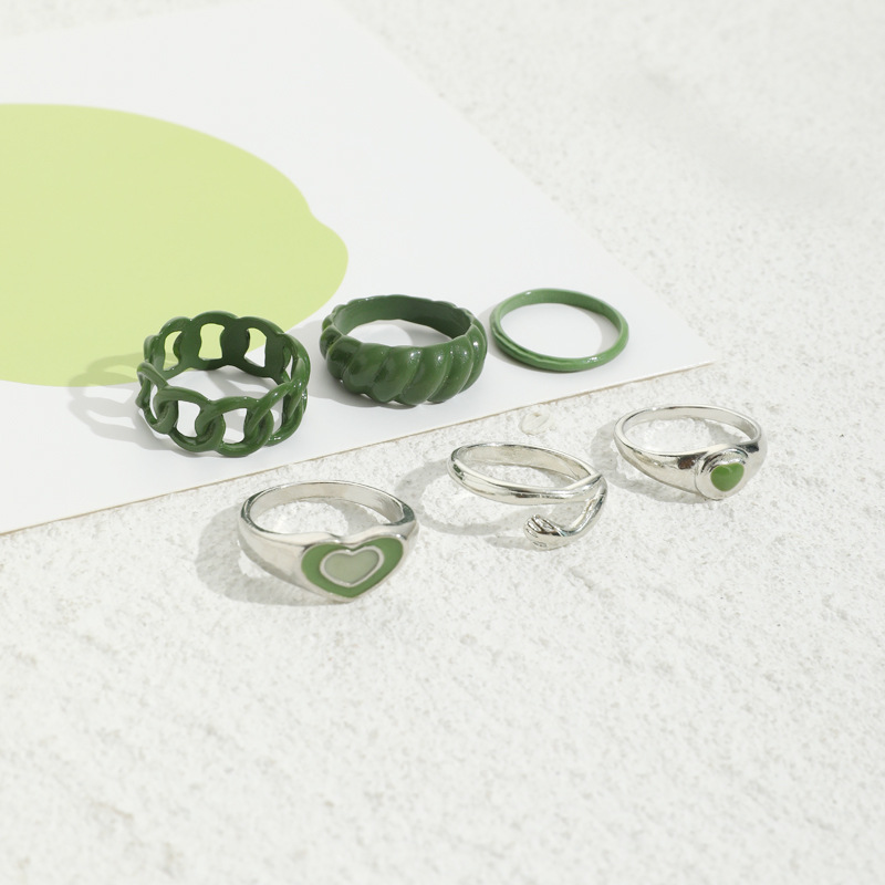 Green Vintage Spray-Painted Rings with Oil Drips and Hearts - Complete Set of Six