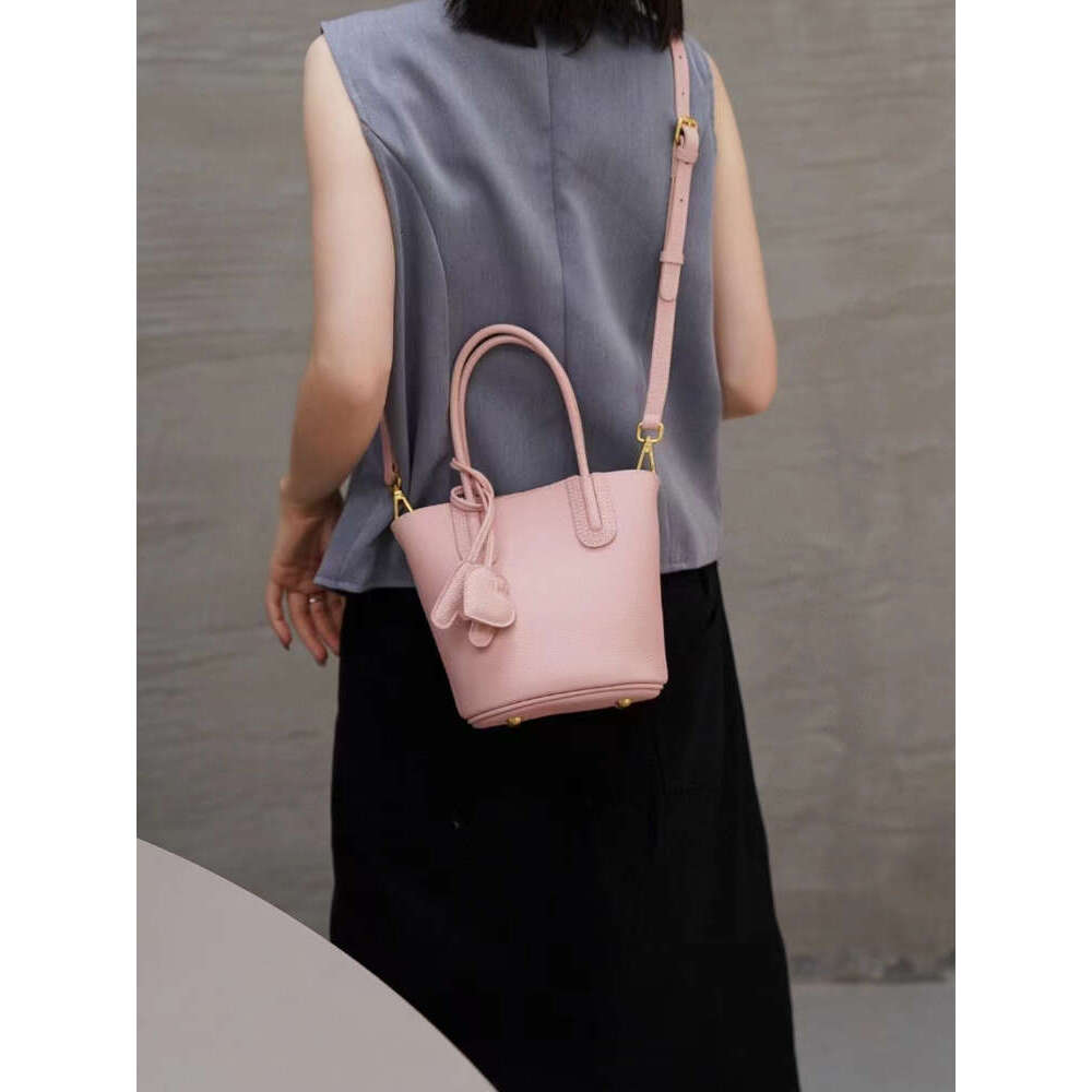 Small Fashion 2024 Trend Stylish Bucket Tote Sier Pink Color New Import Cow Leather Women Shoulder Bag 2 Straps Handbag