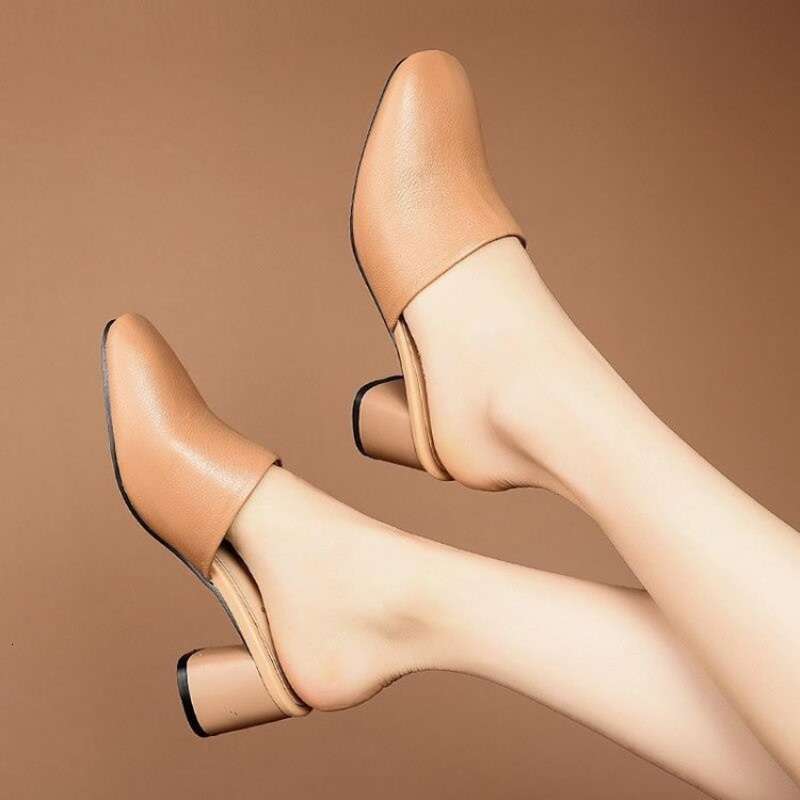 Women Trend Baotou Half Slippers New Outer Wear Fashion Solid Color Square Toe Thick Heel High-heeled Women's Slides Pantuflas 's