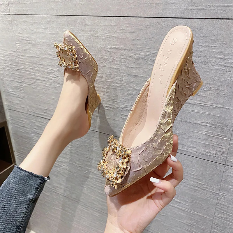 Sparkling Fabric Slider Womens Wedge High Heels Womens Crystal Buckle Slider Babouche Mule Womens Party Bridal Sandals 240925