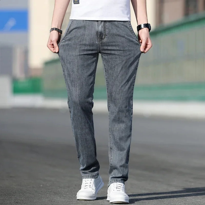 Summer Mens Loose Stretch Grey Jeans Fashion Casual Stretch Straight Leg Denim Pants Mens Light Blue 240926