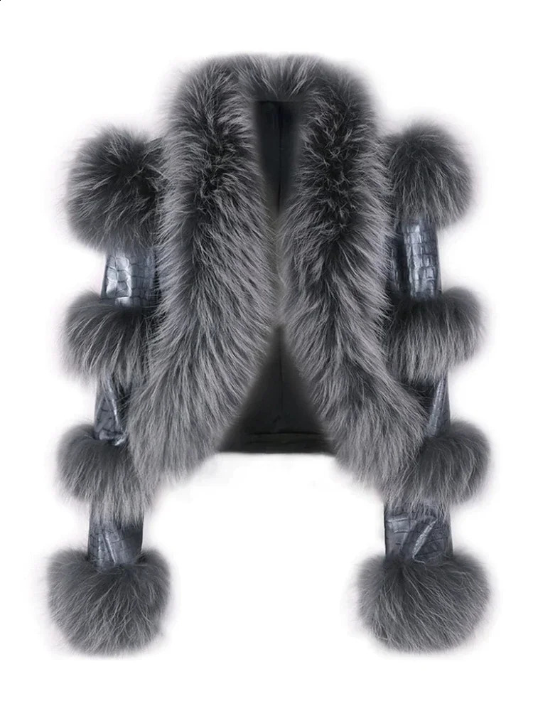 RR2775 Plus Size Artificial Fox Fur Winter Jacket Womens Leather Short Crop Jacket Womens Cotton Lined Fur Decorative Leather 240927